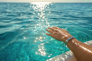 Slim young womanâ€™s hand trailing in crystal-clear water on a luxury boat, close-up of hand, sun reflecting off the water, carefree holiday feeling, sun-kissed skin, peaceful mood, photo