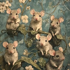 Poster - Six Charming Mice in a Floral Garden Painting