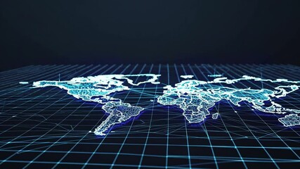 Wall Mural - futuristic digital world map with network connections and geometric patterns representing global tec