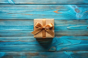 Rustic Blue Wooden Background with Gift Box - Top View, Space for Text