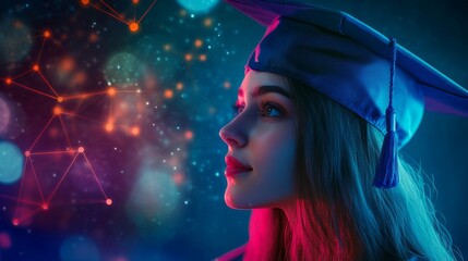 Canvas Print - A Women in graduate hat in blue with light neon effects. Artificial Intelligence concept.