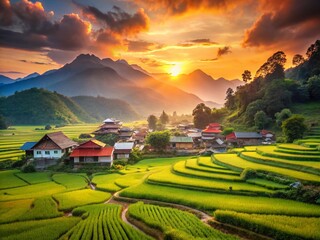 Wall Mural - Serene Eastern Village Landscape: Sunrise Over Rice Paddies and Mountains