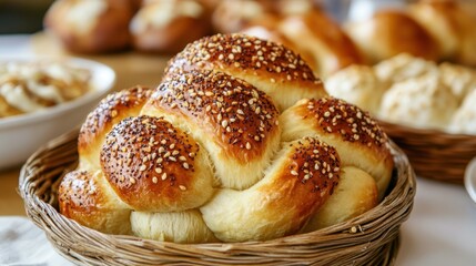 Wall Mural - Golden braided bread with seeds in rustic basket on table Erev Purim