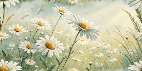 Wall Mural - Serene wildflower meadow with blooming daisies in tranquil pastel hues