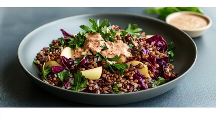 Wall Mural - Vibrant lentil salad with apples and creamy herb dressing for a fresh and healthy meal