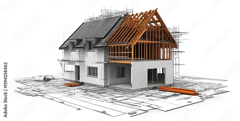 Constructing a New House: Frame, Walls, Roof, and Blueprint Stages ...