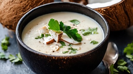 Wall Mural - Creamy coconut soup with fresh herbs garnished in rustic bowl for culinary presentation