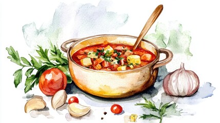 Wall Mural - National Homemade Soup Day Rustic vegetable soup with fresh herbs and garlic in watercolor painting