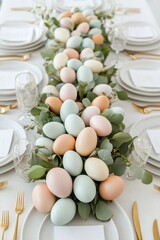 Wall Mural - Pastel easter egg table decoration with greenery for elegant spring dining