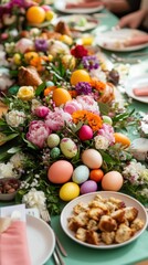 Wall Mural - Vibrant easter table with colorful eggs and floral centerpiece