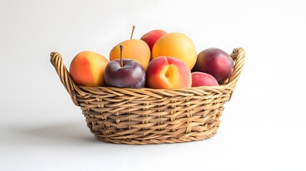 Wall Mural - 48. A small woven basket with peaches, apples, and plums placed against a white backdrop