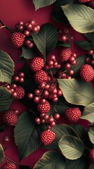 Poster - Red Raspberries and Lush Green Leaves: A Close-Up Still Life