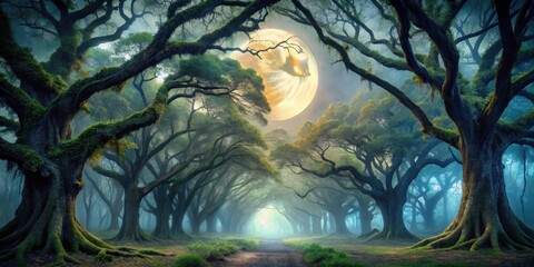 Wall Mural - Mystical Forest Path Underneath a Giant Moon with Lush Greenery and Ancient Trees