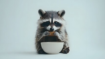 Wall Mural - 72. A raccoon eating from a bowl, seated in front of a minimal white background