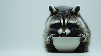Wall Mural - 72. A raccoon eating from a bowl, seated in front of a minimal white background
