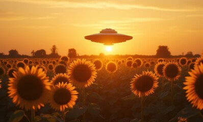 Wall Mural - UFO hovering over sunflower field at sunset