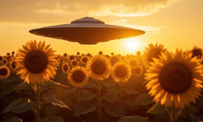 Wall Mural - UFO hovering over sunflower field at sunset