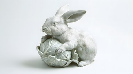 Wall Mural - 74. A rabbit munching on a cabbage, sitting calmly on a white background