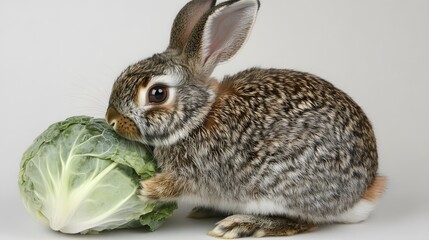 Wall Mural - 74. A rabbit munching on a cabbage, sitting calmly on a white background
