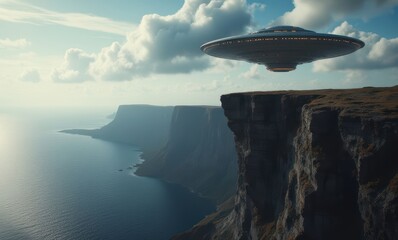 Poster - Mysterious UFO hovering over cliffs