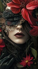 Poster - Mysterious Woman in Red Flowers: Dark Fantasy Portrait