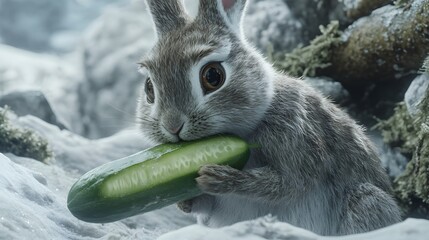 Wall Mural - 89. A rabbit munching on a cucumber, with its eyes focused on the meal, set against white