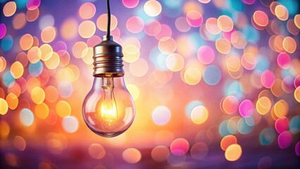 Poster - Illuminated Filament Bulb Hanging Against a Defocused Background of Vibrant, Multicolored Lights