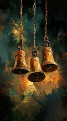 Wall Mural - Golden Bells Hanging on Chains: Dark Abstract Art