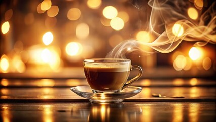 Sticker - Warmth and Aroma A Steaming Cup of Coffee on a Rustic Table with a Soft Golden Glow