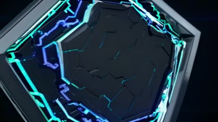 Wall Mural - futuristic high-tech abstract design with neon blue and green elements on dark background evoking mo