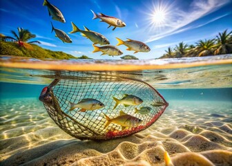 Underwater Macro Shot: Fish in Landing Net on Sandy Shore