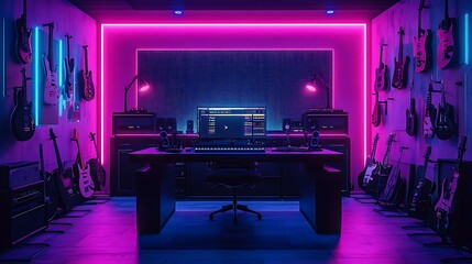 A futuristic music podcast studio with neon-lit acoustic panels, a sleek black desk with podcast microphones, and a backdrop of wall-mounted electric guitars.