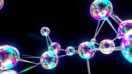 Wall Mural - abstract colorful bubbles and spheres connected by thin lines on a dark background, representing sci