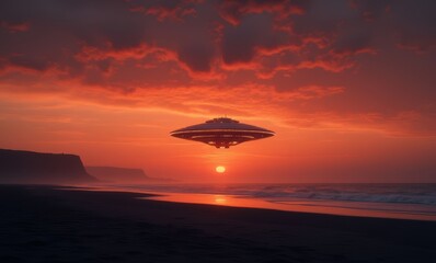 Wall Mural - Mysterious UFO over sunset beach