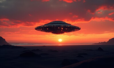 Wall Mural - Futuristic UFO over a stunning sunset