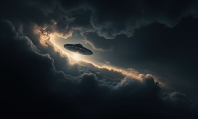 Wall Mural - Mysterious UFO emerging from dark clouds