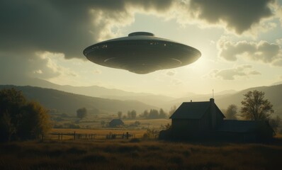 Wall Mural - Mysterious UFO over a tranquil landscape