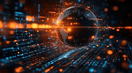Wall Mural - futuristic digital globe surrounded by glowing data streams and particles, symbolizing technology an