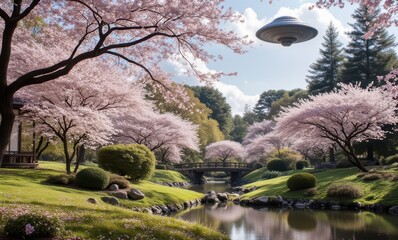 Wall Mural - Serene park with cherry blossoms and UFO