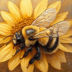 Wall Mural - Bumble Bee on Sunflower: A Close-Up View