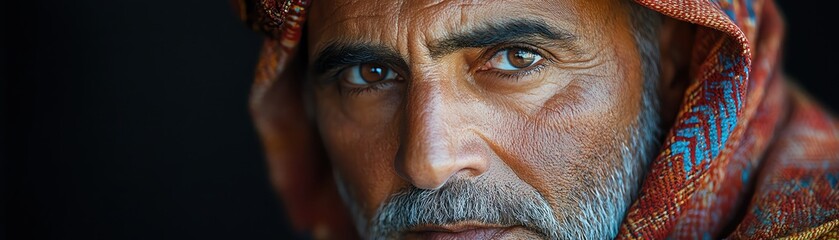 Wall Mural - Serious man in traditional attire, dark background, focused lighting, closeup