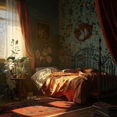 Canvas Print - Cozy Vintage Bedroom with Sunlight and Floral Wallpaper