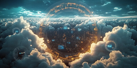 Cloud Computing and Data Storage Illustration - A 3D illustration depicting a cloud computing concept with multiple cloud icons and network connection symbols.