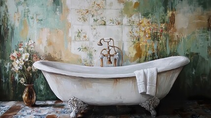 Canvas Print - Vintage Bathtub in a Floral Bathroom: Serenity and Style