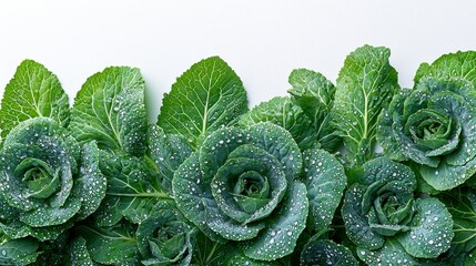 Wall Mural - Fresh green cabbage leaves with water droplets arranged on white background.