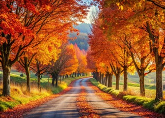  Crisp autumn air, Italian countryside road, fall foliage sharply in focus.