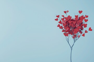minimalist valentine's day design featuring a tree branch with red heart-shaped leaves against a lig