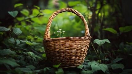 Wall Mural - Wicker Basket with Wildflowers in a Lush Forest Setting