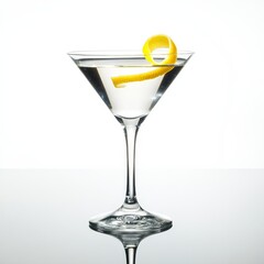 Wall Mural - A classic martini with a twist of lemon peel elegantly balanced on the rim, smooth and reflective surface, isolated white background