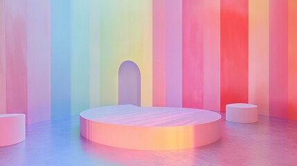 Wall Mural - Vibrant abstract rainbow gradient background featuring multicolored scene with perspective room design, showcasing summer-inspired color patterns and dynamic 3d rendering for creative backdrops and mo